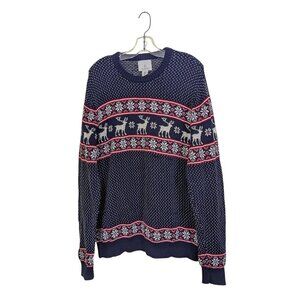 Aspen Nordic Fair Isle Cotton Sweater Mens XL Navy Deer Snow Ski Cabin Christmas
